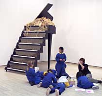 K-6 students near Ken Unsworth's sculpture